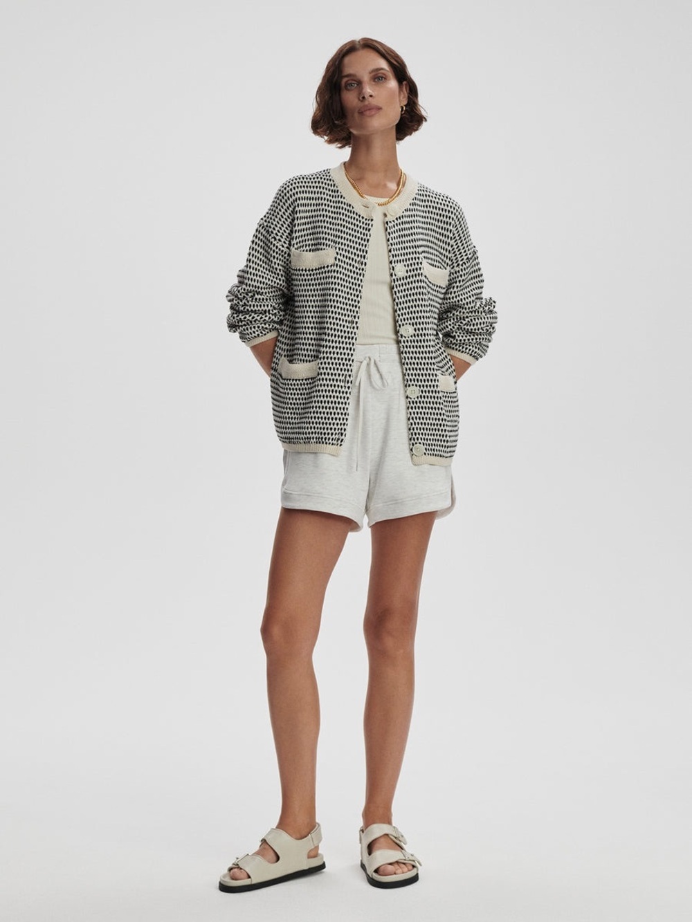 Varley Cream & Black Tidewell Textured Knit Cotton Cardigan - Medium